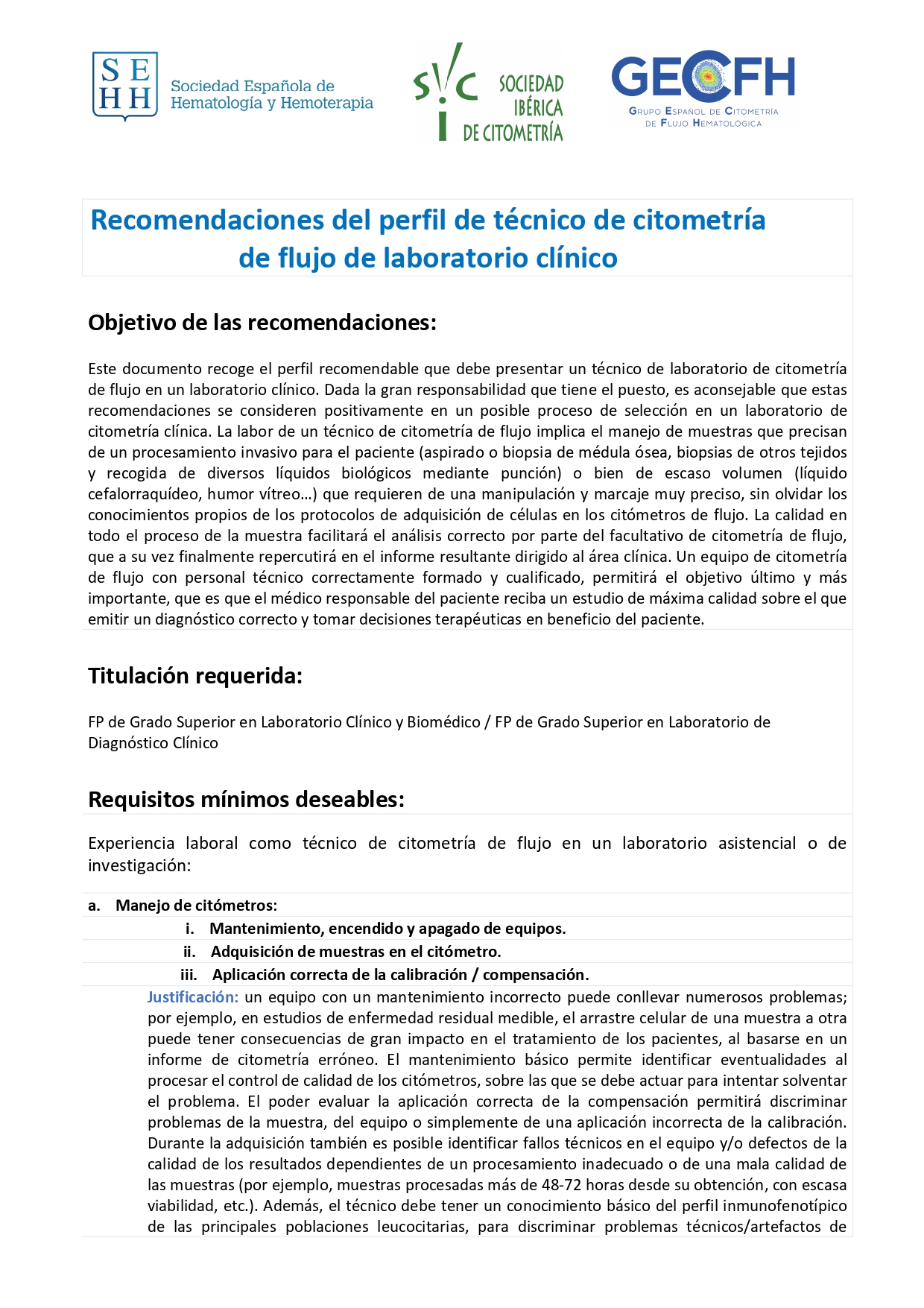 Recomendaciones del perfil de técnico de citometría de flujo de laboratorio clínico.